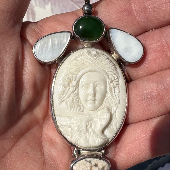 Wolf Goddess handcarved bone sterling silver jasper aventurine lg pendant pearl - Picture 7 of 8